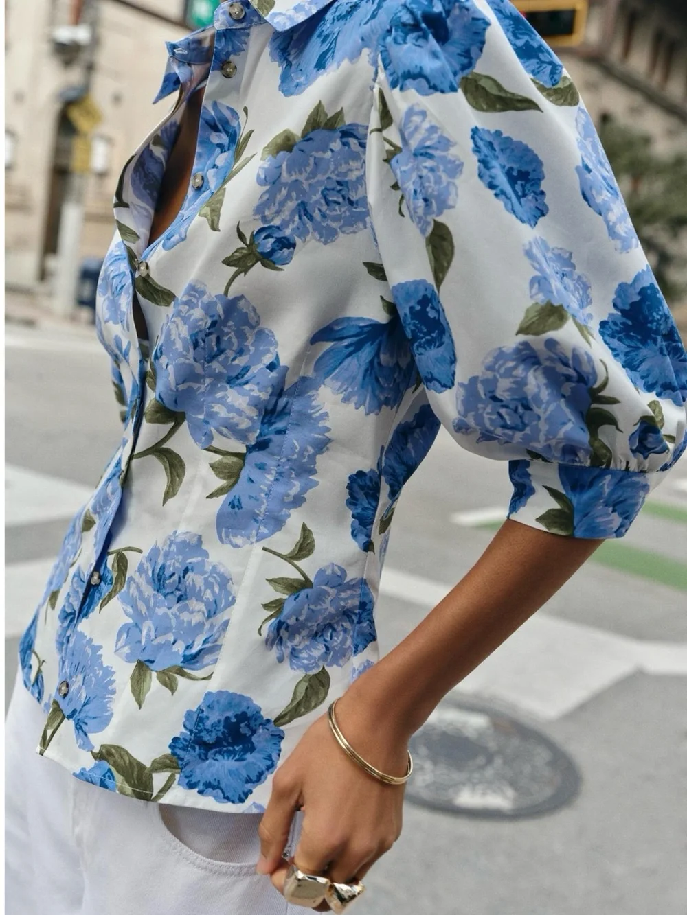 Zara White Blouse with Blue Floral Print